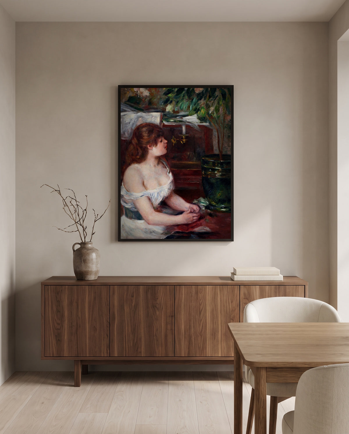 The Green Jardinière by Pierre-Auguste Renoir in a black frame above a walnut sideboard in a dining room