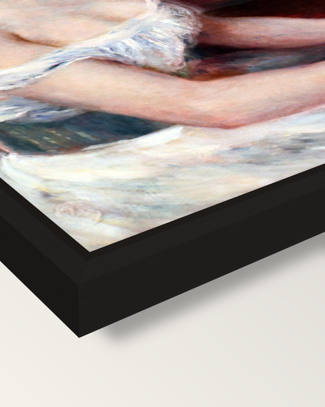 The Green Jardinière by Renoir framed canvas, corner close-up: a black floating frame with a shadow gap round the canvas