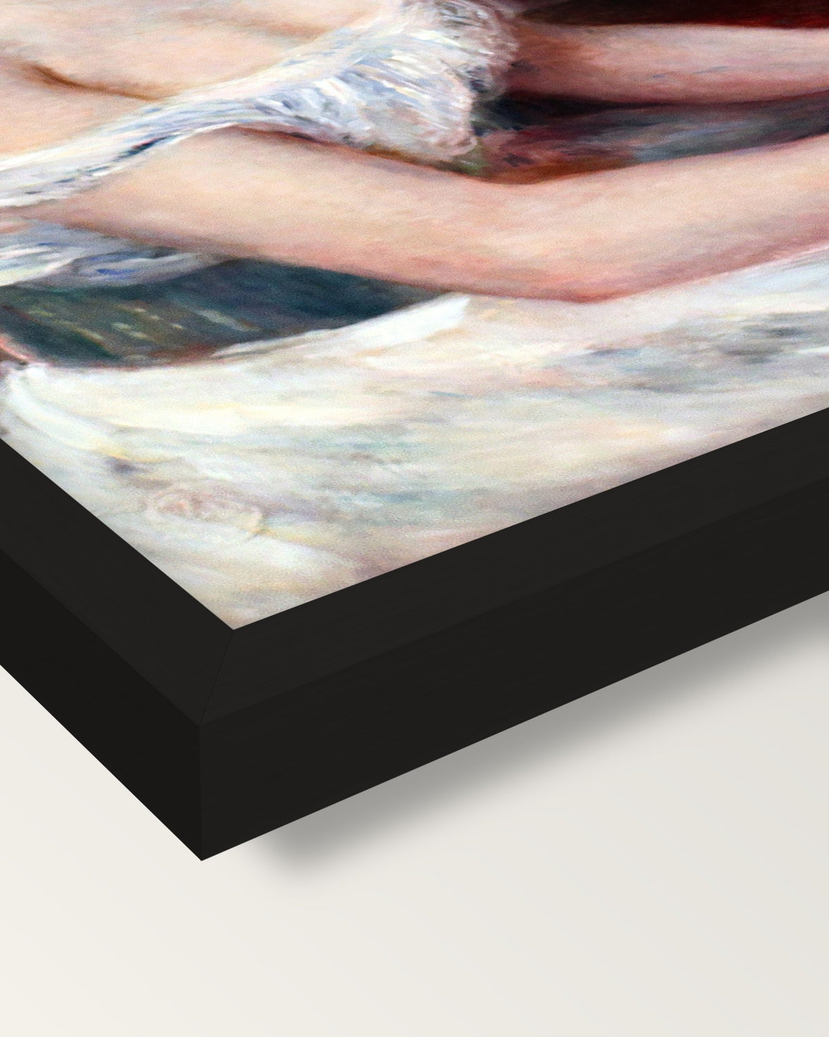 The Green Jardinière by Renoir framed print, corner close-up: black moulding, mitred, the print set just below its edge