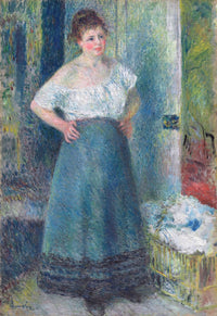 The Laundress by Renoir: a young woman in a white blouse and long blue skirt, hand on hip, by a laundry basket