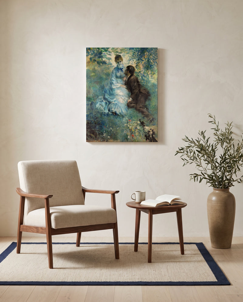 The Lovers by Pierre-Auguste Renoir as a stretched canvas above a linen lounge chair in a reading corner