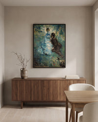 The Lovers by Pierre-Auguste Renoir in a black frame above a walnut sideboard in a dining room