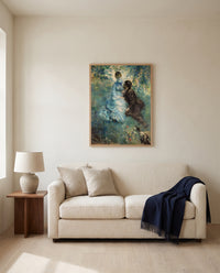 The Lovers by Pierre-Auguste Renoir framed in natural oak above a cream sofa in a warm living room