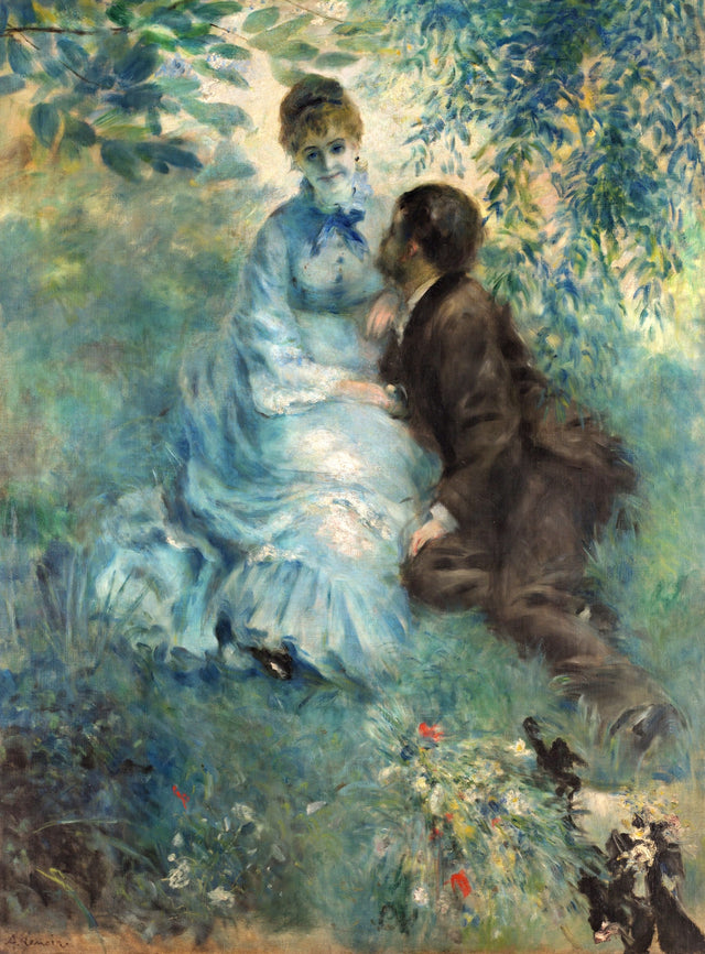 The Lovers by Renoir: a young woman in a pale blue dress and a man in dark clothes sitting close together under trees