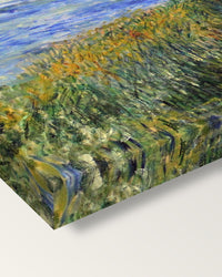 The Seine at Champrosay by Renoir on stretched canvas, corner close-up: the painting mirror-wrapped round the sides