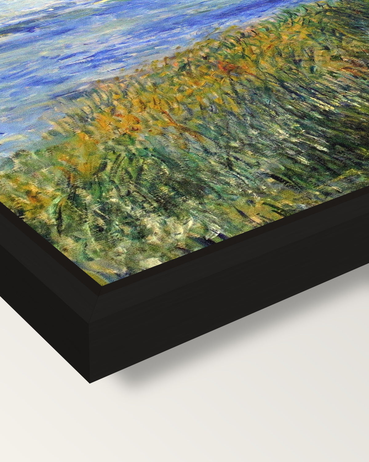 The Seine at Champrosay by Renoir framed canvas, corner close-up: a black floating frame with a shadow gap round the canvas
