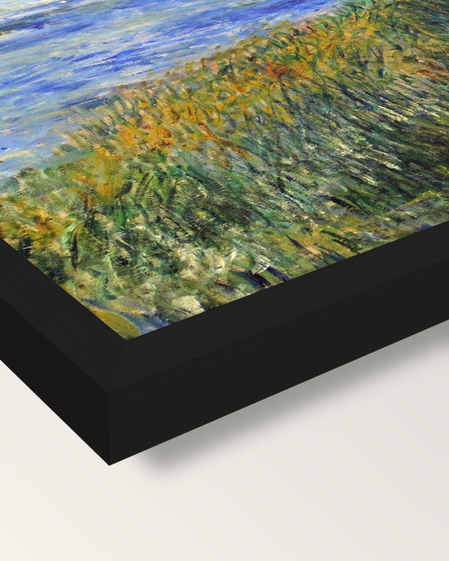 The Seine at Champrosay by Renoir framed print, corner close-up: black moulding, mitred, the print set just below its edge