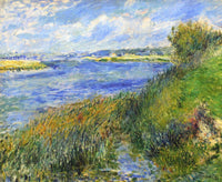 The Seine at Champrosay by Renoir: a wide blue river under a windy cloudy sky, tall green grass bending on the bank