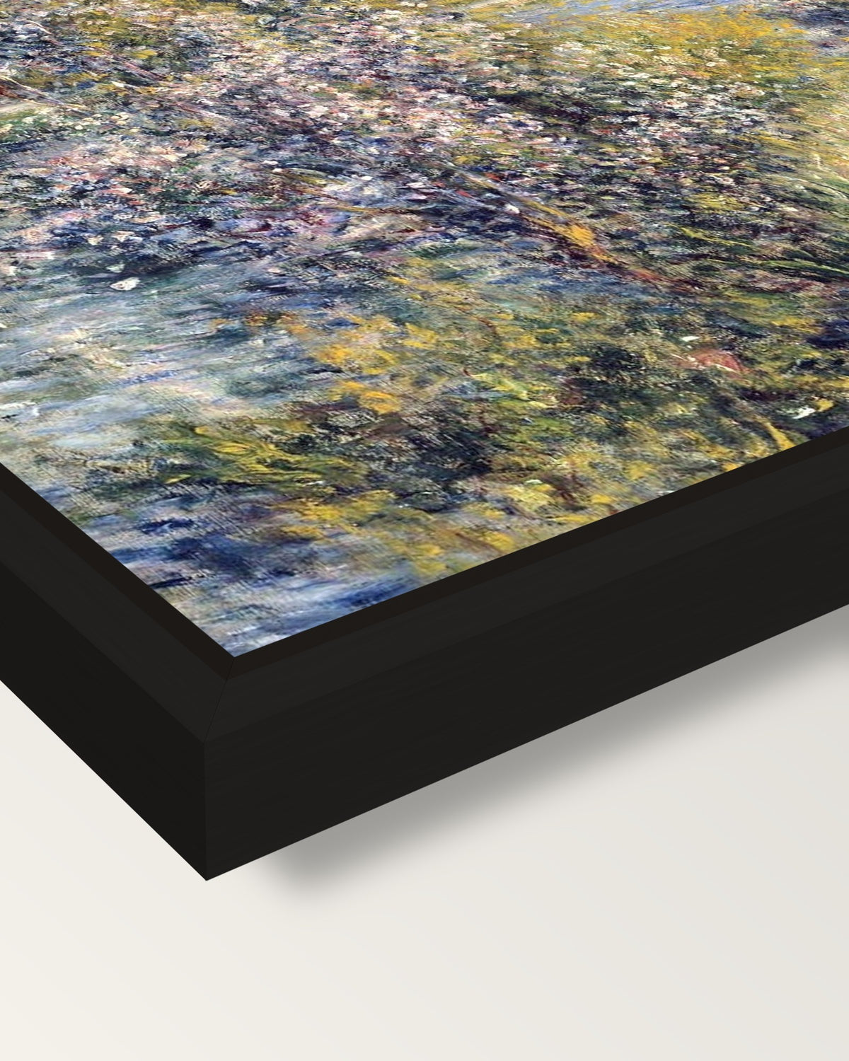 The Seine at Chatou by Renoir framed canvas, corner close-up: a black floating frame with a shadow gap round the canvas