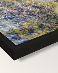 The Seine at Chatou by Renoir framed canvas, corner close-up: a black floating frame with a shadow gap round the canvas