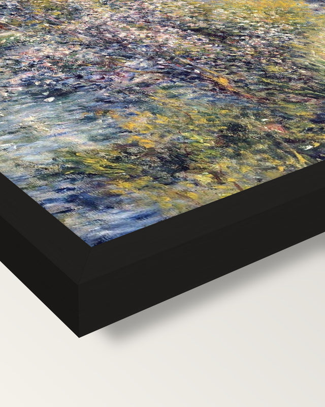 The Seine at Chatou by Renoir framed print, corner close-up: black moulding, mitred, the print set just below its edge