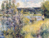 The Seine at Chatou by Renoir: a white flowering tree and tall grass by the river, a small figure picking flowers, blue sky
