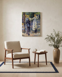 The Swing by Pierre-Auguste Renoir as a stretched canvas above a linen lounge chair in a reading corner