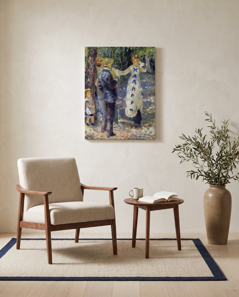 The Swing by Pierre-Auguste Renoir as a stretched canvas above a linen lounge chair in a reading corner