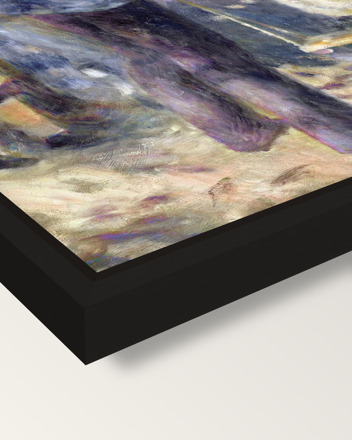 The Swing by Pierre-Auguste Renoir framed canvas, corner close-up: a black floating frame with a shadow gap round the canvas