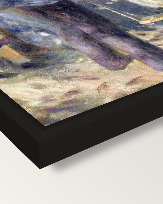 The Swing by Pierre-Auguste Renoir framed canvas, corner close-up: a black floating frame with a shadow gap round the canvas