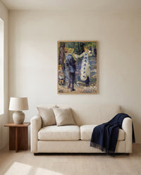 The Swing by Pierre-Auguste Renoir framed in natural oak above a cream sofa in a warm living room