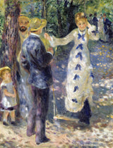 The Swing by Renoir: a young woman in a white dress with blue bows on a swing, two men and a child in a sunlit garden