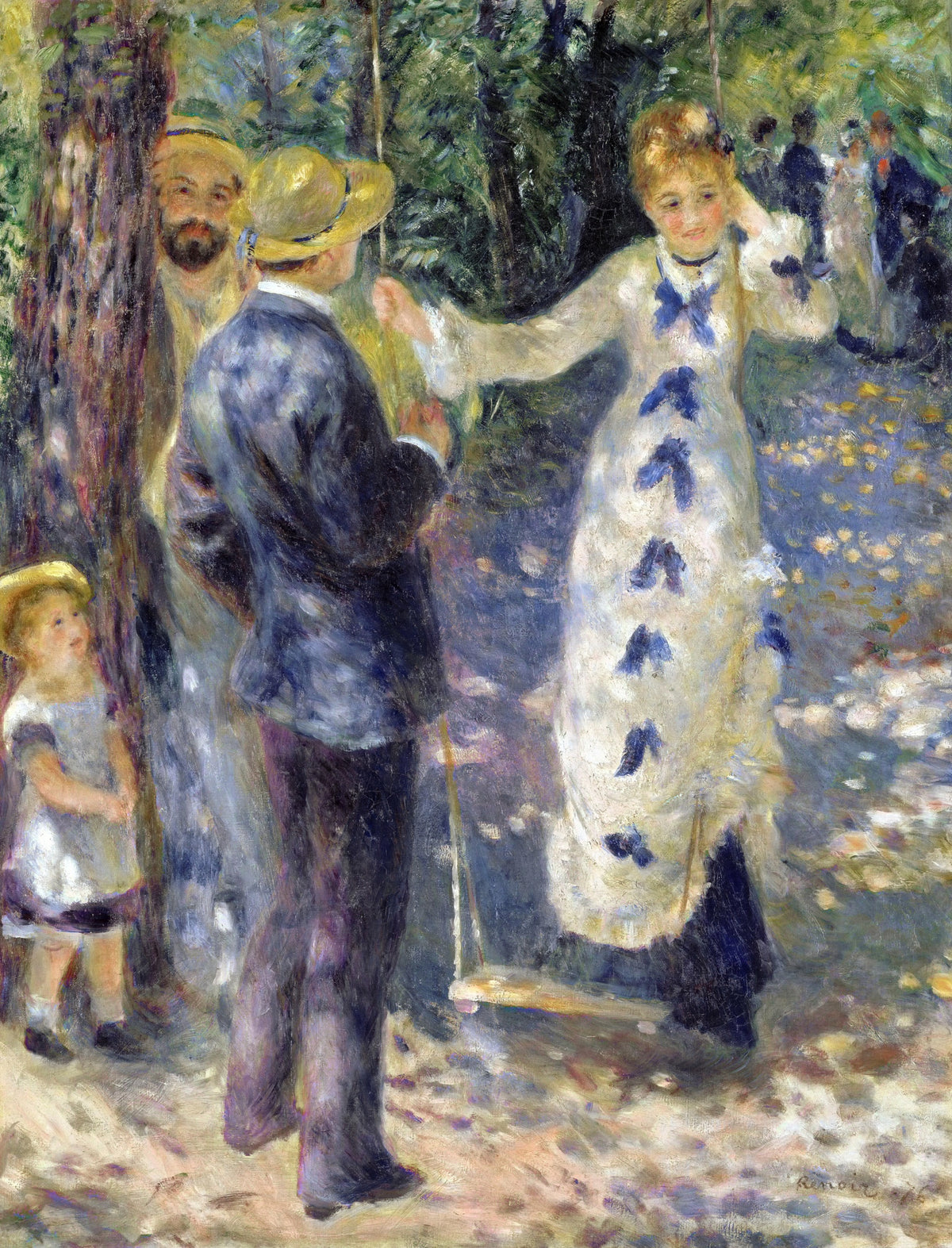 The Swing by Renoir: a young woman in a white dress with blue bows on a swing, two men and a child in a sunlit garden