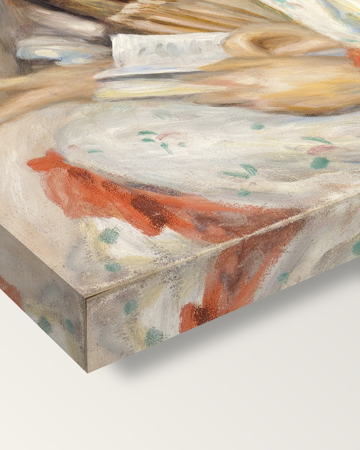 Two Girls Reading by Pierre-Auguste Renoir on stretched canvas, corner close-up: the painting mirror-wrapped round the sides