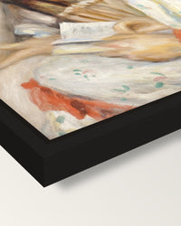 Two Girls Reading by Renoir framed canvas, corner close-up: a black floating frame with a shadow gap round the canvas