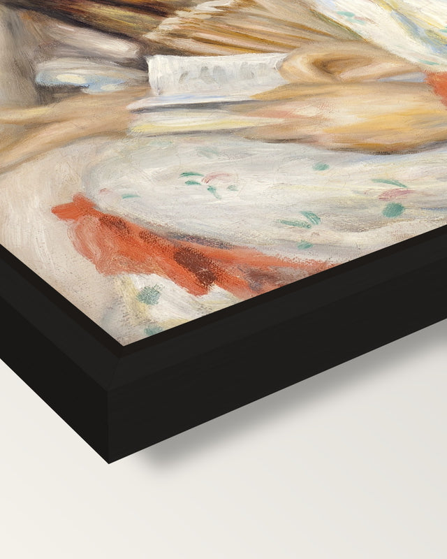 Two Girls Reading by Renoir framed canvas, corner close-up: a black floating frame with a shadow gap round the canvas