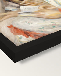 Two Girls Reading by Renoir framed print, corner close-up: black moulding, mitred, the print set just below its edge
