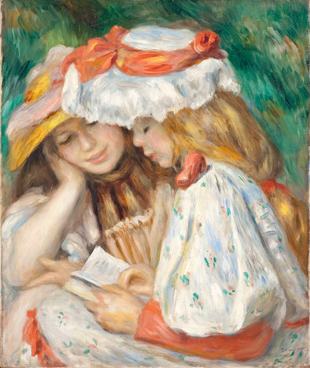 Two Girls Reading by Renoir: two girls with golden and red hair, one in a white hat with an orange ribbon, reading together