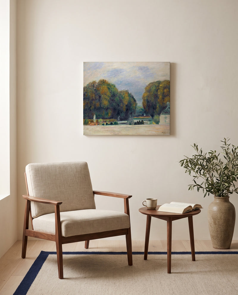 Versailles by Pierre-Auguste Renoir as a stretched canvas above a linen lounge chair in a reading corner
