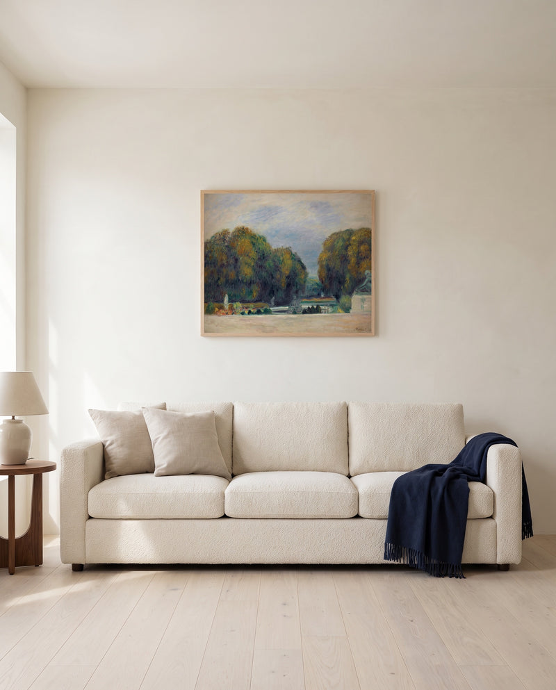 Versailles by Pierre-Auguste Renoir framed in natural oak above a cream sofa in a warm living room