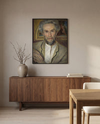 Victor Chocquet by Pierre-Auguste Renoir in a black frame above a walnut sideboard in a dining room