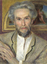 Portrait of Victor Chocquet by Renoir: a man with wild grey hair and beard in a tan jacket, a framed painting behind him