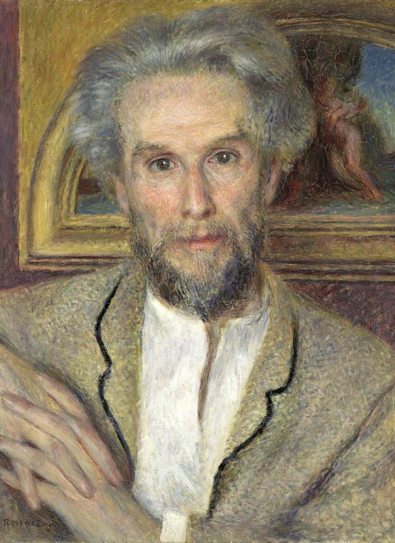 Portrait of Victor Chocquet by Renoir: a man with wild grey hair and beard in a tan jacket, a framed painting behind him