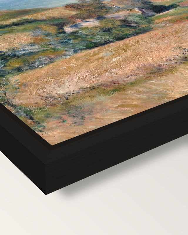 Seacoast near Wargemont by Renoir framed canvas, corner close-up: a black floating frame with a shadow gap round the canvas