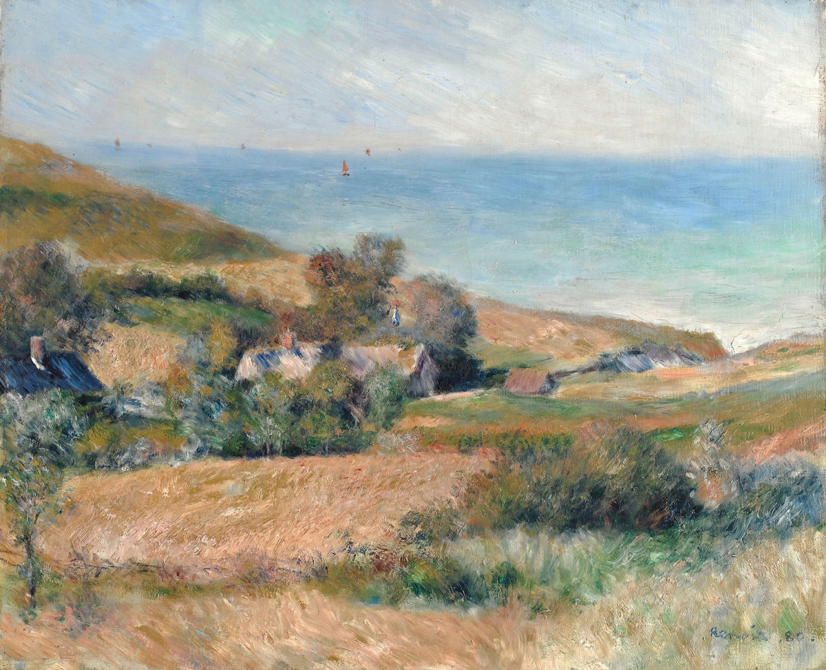View of the Seacoast near Wargemont by Renoir: golden fields and green trees above a wide blue sea under a pale sky