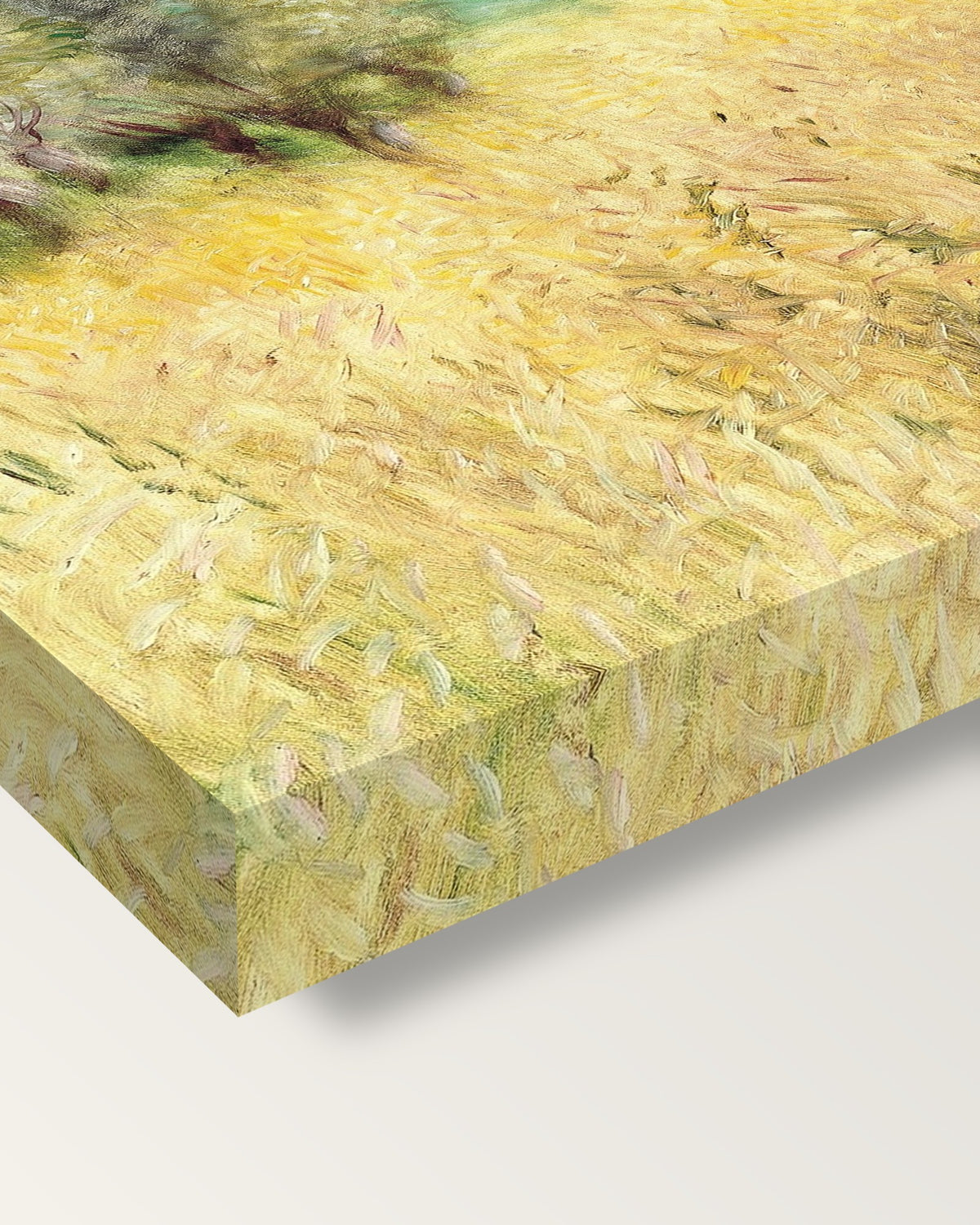 Wheatfield by Pierre-Auguste Renoir on stretched canvas, corner close-up: the painting mirror-wrapped round the sides