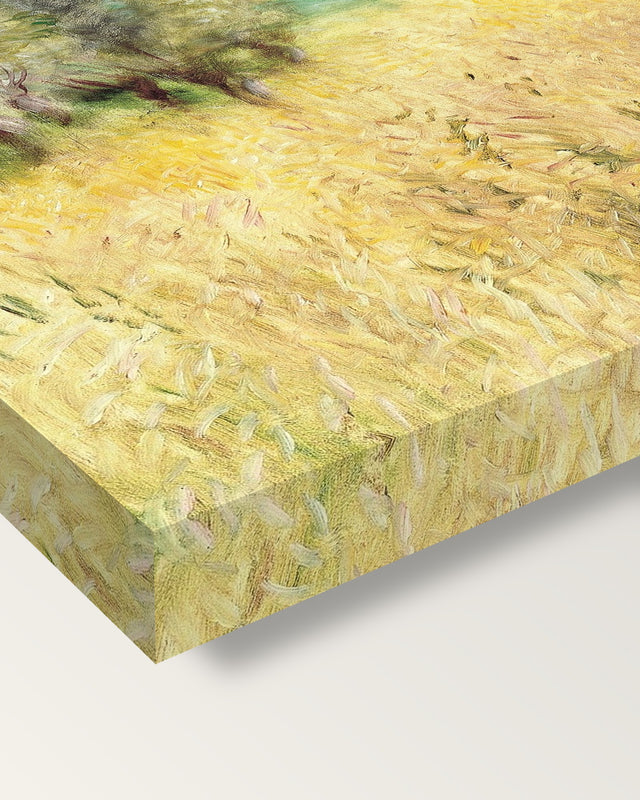 Wheatfield by Pierre-Auguste Renoir on stretched canvas, corner close-up: the painting mirror-wrapped round the sides