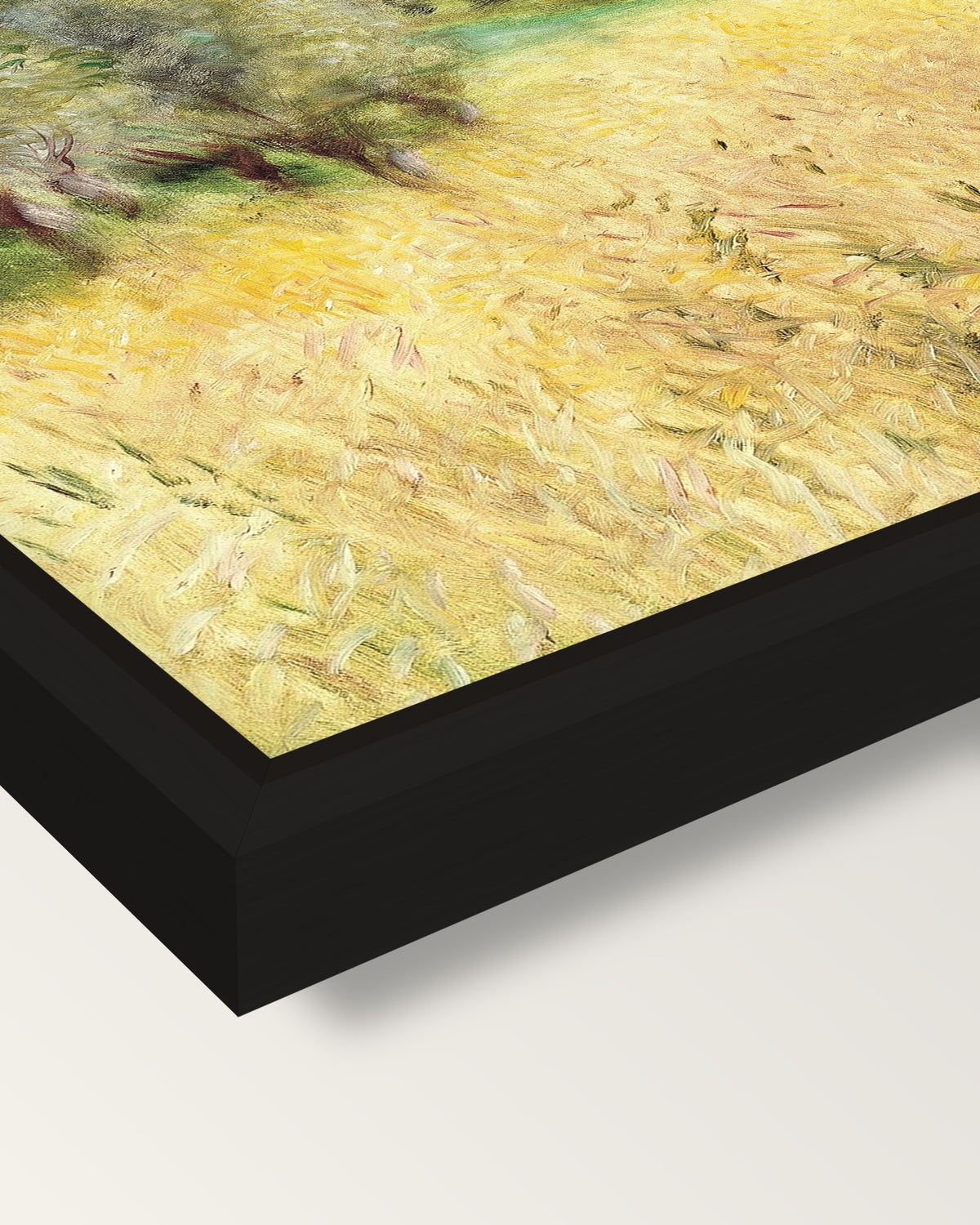 Wheatfield by Pierre-Auguste Renoir framed canvas, corner close-up: a black floating frame with a shadow gap round the canvas