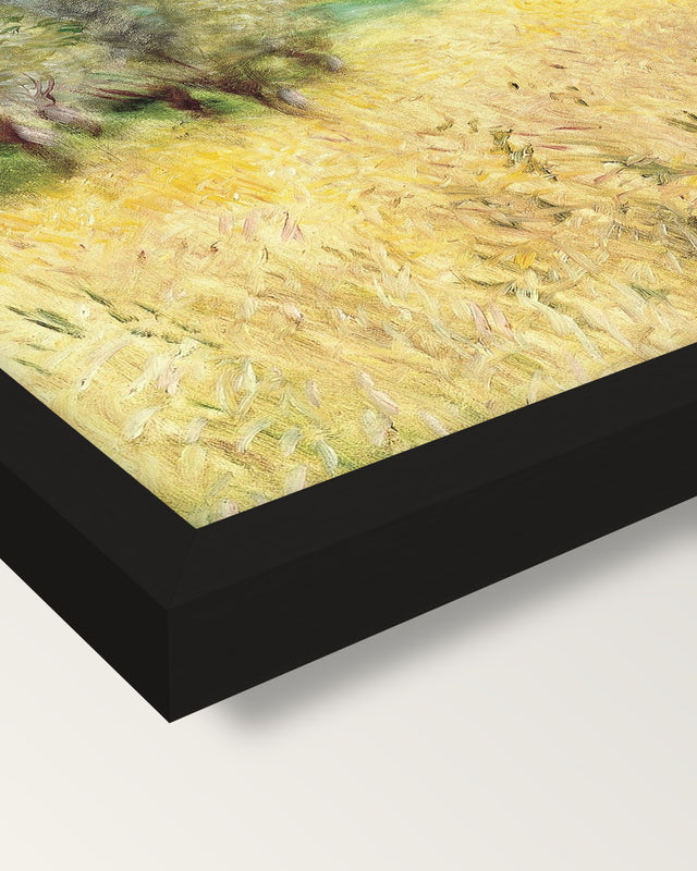 Wheatfield by Pierre-Auguste Renoir framed print, corner close-up: black moulding, mitred, the print set just below its edge