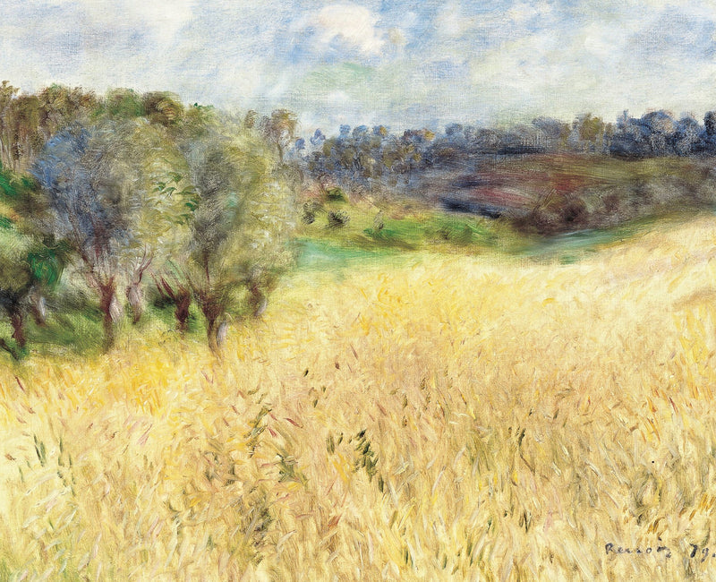 Wheatfield by Renoir: a golden wheat field in front of green trees and a low hill under a soft blue sky