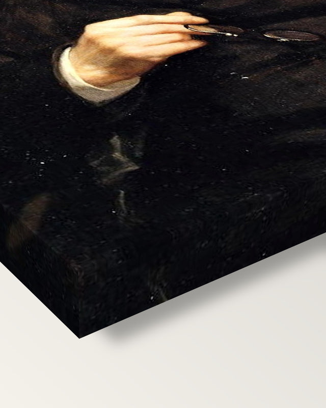 William Sisley by Pierre-Auguste Renoir on stretched canvas, corner close-up: the painting mirror-wrapped round the sides