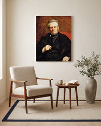 William Sisley by Pierre-Auguste Renoir as a stretched canvas above a linen lounge chair in a reading corner