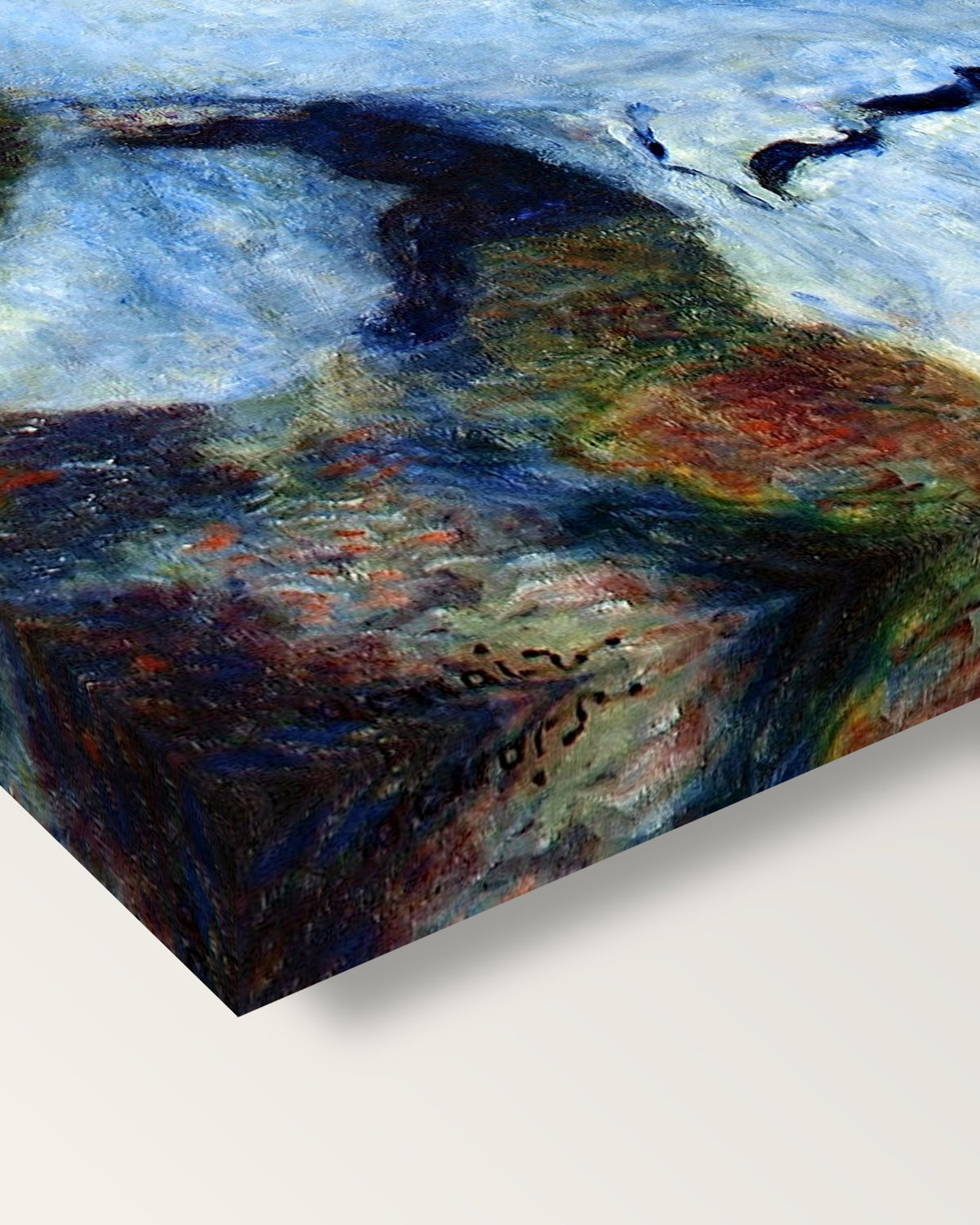 Woman at the Piano by Pierre-Auguste Renoir on stretched canvas, corner close-up: the painting mirror-wrapped round the sides