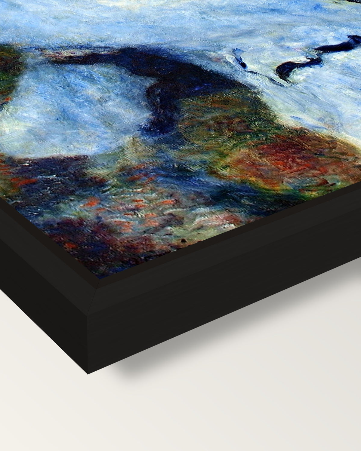 Woman at the Piano by Renoir framed canvas, corner close-up: a black floating frame with a shadow gap round the canvas