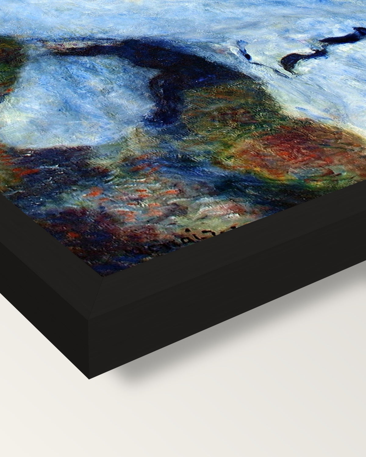 Woman at the Piano by Renoir framed print, corner close-up: black moulding, mitred, the print set just below its edge