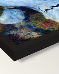 Woman at the Piano by Renoir framed print, corner close-up: black moulding, mitred, the print set just below its edge