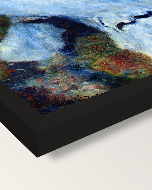 Woman at the Piano by Renoir framed print, corner close-up: black moulding, mitred, the print set just below its edge