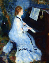 Woman at the Piano by Renoir: a young woman in a white and blue dress playing an upright piano in a dark room
