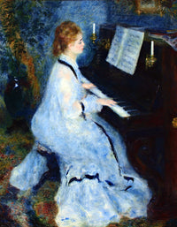 Woman at the Piano by Renoir: a young woman in a white and blue dress playing an upright piano in a dark room