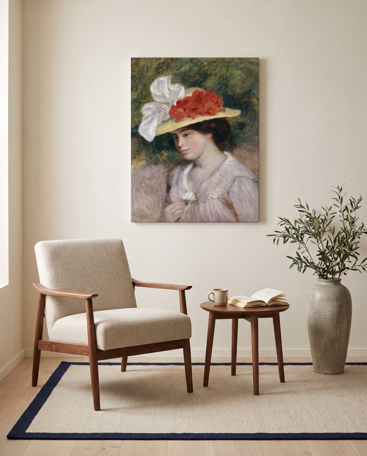 Woman in a Flowered Hat by Pierre-Auguste Renoir as a stretched canvas above a linen lounge chair in a reading corner